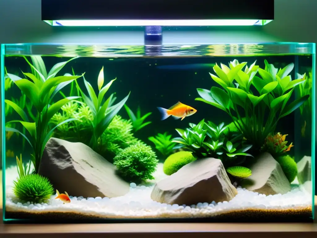 Un acuario sereno y minimalista con peces coloridos nadando en un ambiente tranquilo y armonioso, perfecto para el Feng Shui en casa