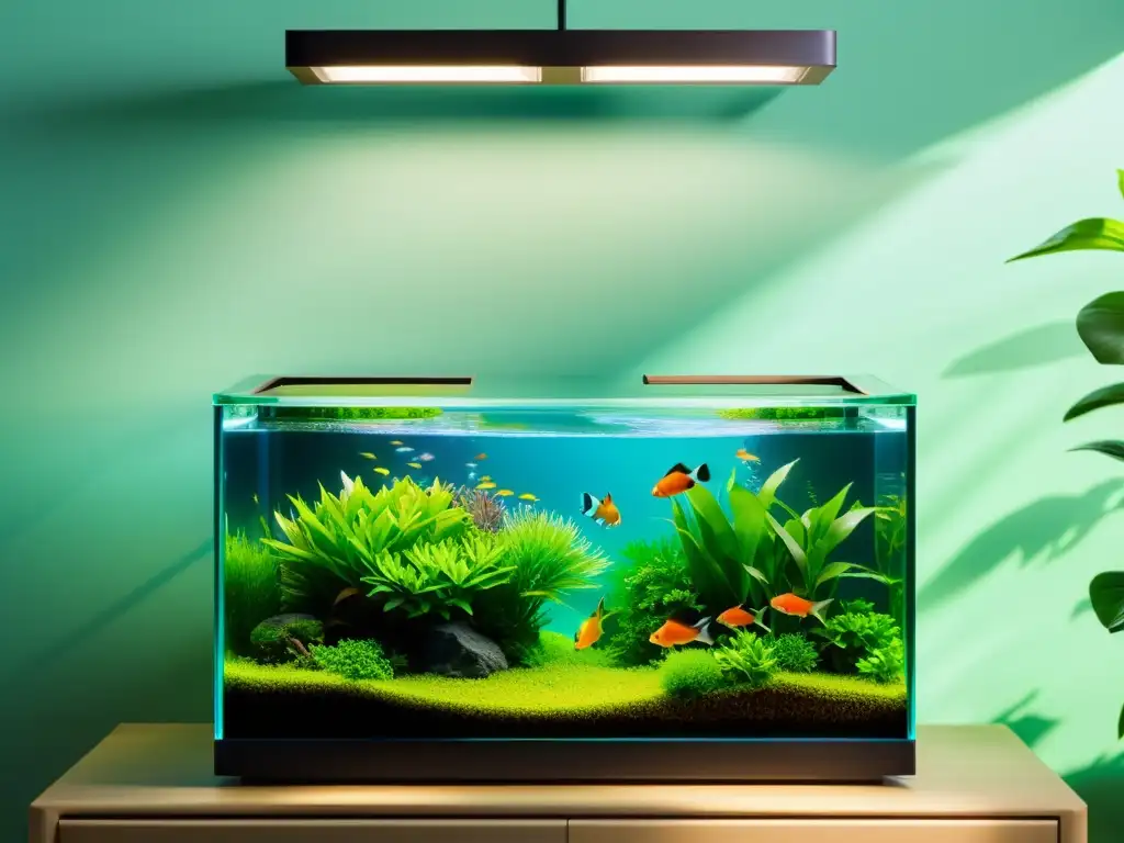 Un acuario sereno y minimalista con plantas acuáticas verdes vibrantes y peces coloridos, capturando el Feng Shui para peceras en casa