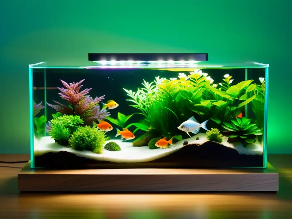 Un acuario sereno de Feng Shui para prosperidad, con plantas verdes y peces coloridos nadando en agua cristalina