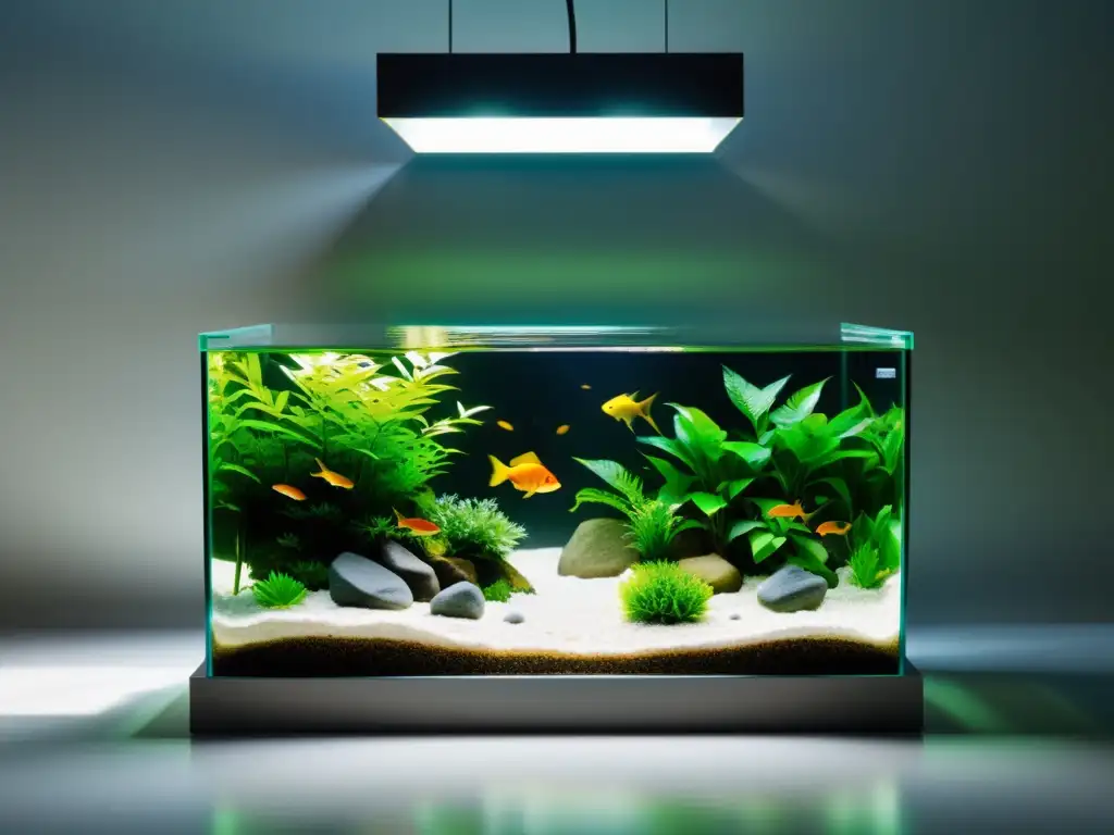 Un acuario de vidrio con peces dorados nadando entre plantas verdes y piedras, en una habitación armoniosa con elementos de Feng Shui