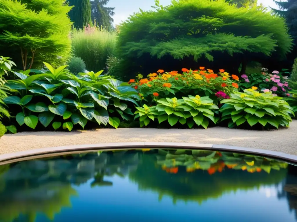 Agua potencia Feng Shui jardín: Un estanque sereno reflejando la belleza natural con agua cristalina, flores coloridas y paz