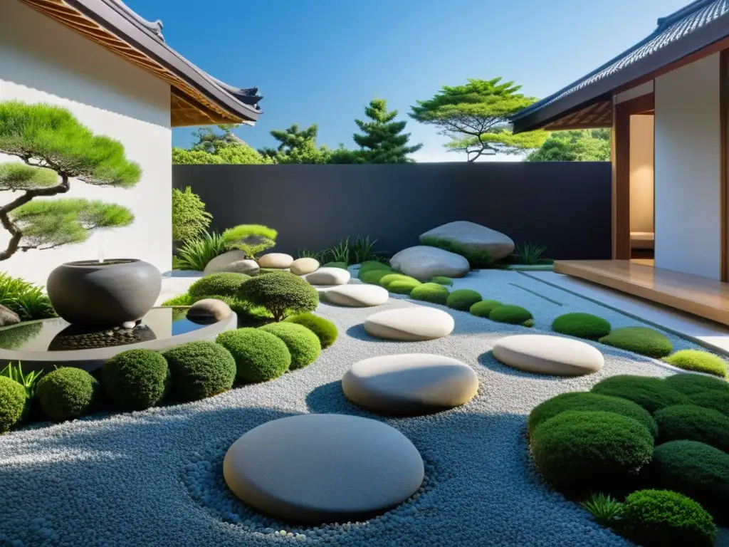 Un jardín Zen al aire libre con un diseño armonioso y equilibrado, siguiendo los principios del Feng Shui para espacios al aire libre