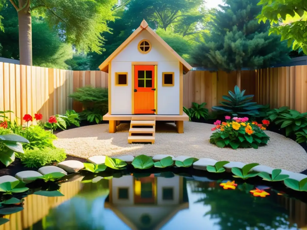 Un rincón al aire libre sereno y minimalista con una pequeña casa de juegos de madera rodeada de exuberante vegetación y flores vibrantes