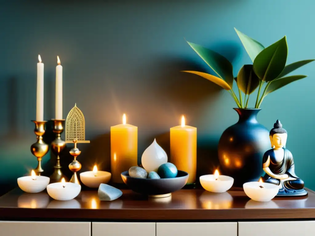 Un altar Feng Shui con amuletos y talismanes para limpieza energética en un hogar moderno