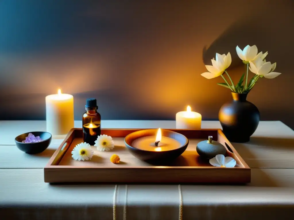 Un altar de feng shui armonioso con inciensos, aceites esenciales y cristales, irradiando paz y serenidad