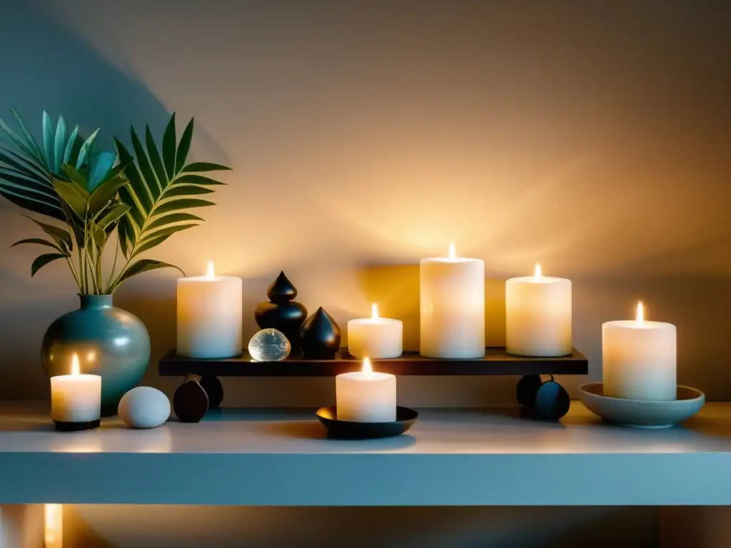 Un altar de Feng Shui armonioso y minimalista para Rituales de Feng Shui para Año Nuevo, con cristales, velas y plantas en equilibrio