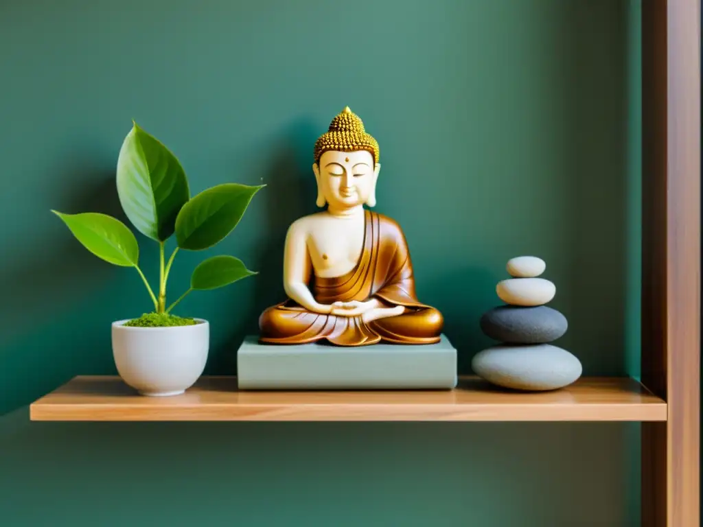 Crear altar Feng Shui en espacios reducidos: Estante de madera con plantas, estatua de Buda y piedras decorativas, iluminado por luz natural