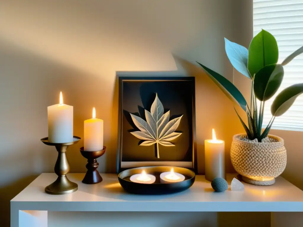 Crear altar Feng Shui en espacios reducidos: Un rincón sereno con un altar minimalista adornado con cristales, plantas y velas, bañado por luz natural