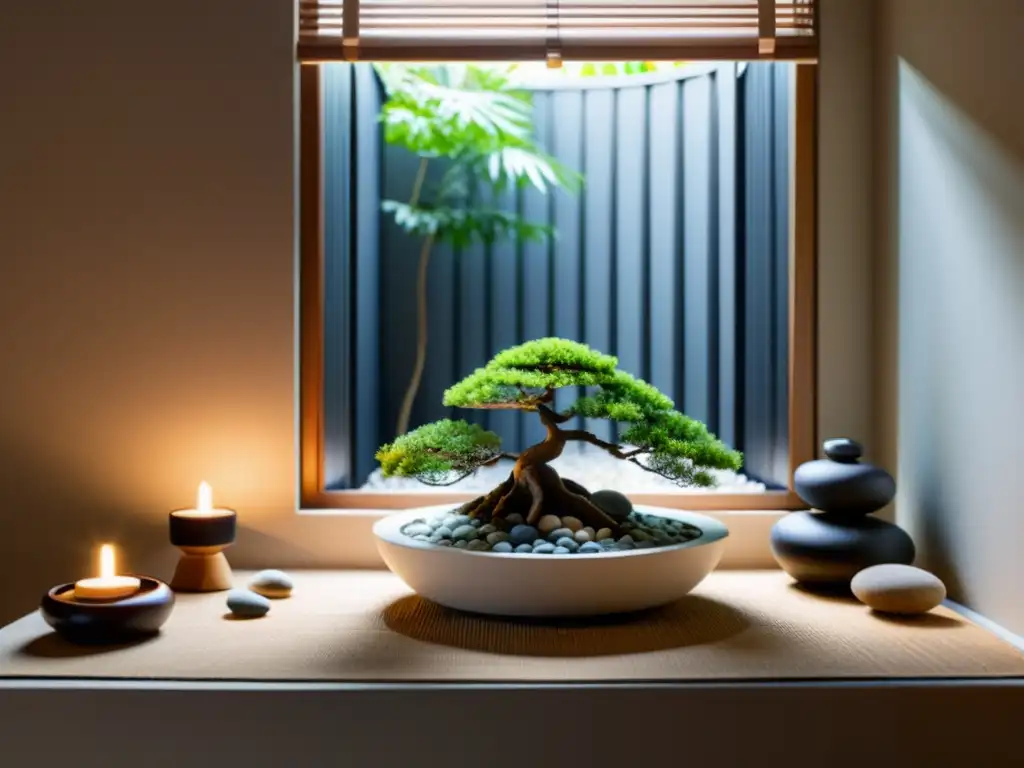 Crear altar Feng Shui en espacios reducidos: un rincón sereno con bonsái, fuente y cristales, bañados en luz natural