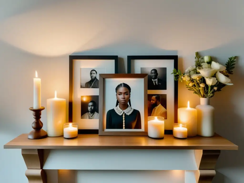 Altar en imágenes para ancestros: Fotografías y velas en un ambiente sereno y reverente