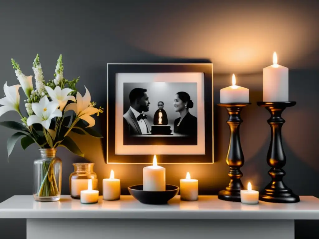 Un altar en imágenes para ancestros, con velas, flores y fotografías familiares en blanco y negro