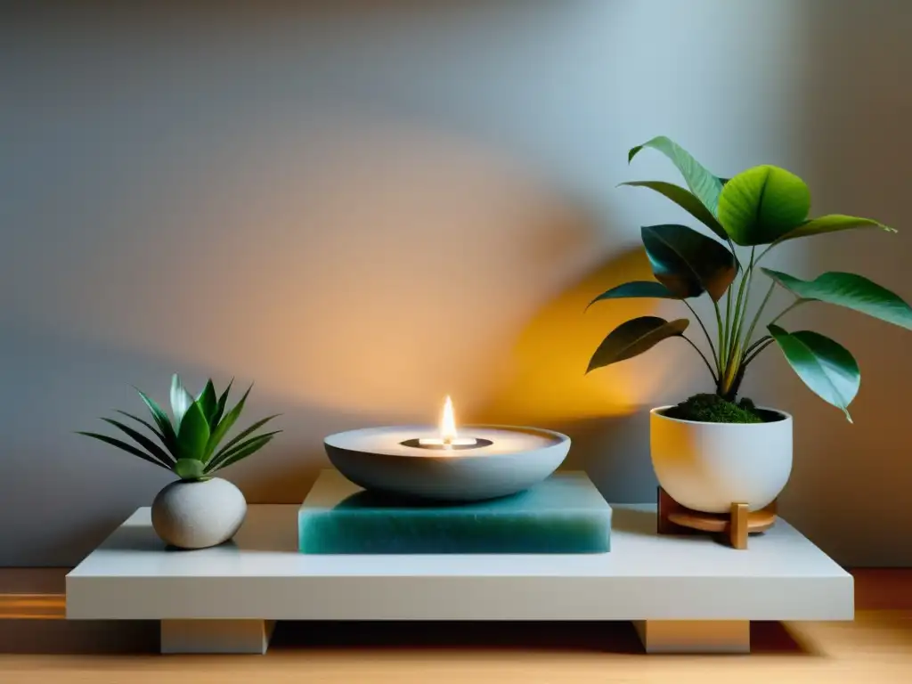 Un altar Feng Shui para limpieza energética: armonía y tranquilidad en un espacio sereno con cristales, plantas y luz natural