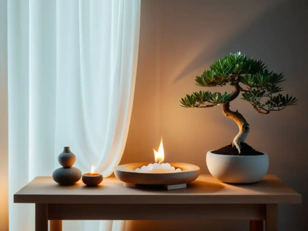 Un altar Feng Shui para limpieza energética con cristales, bonsái y palo santo, bajo una suave luz natural