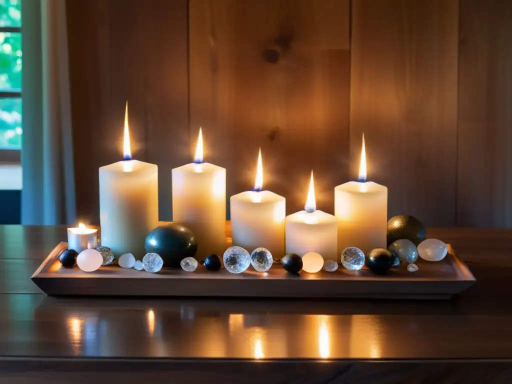 Un altar Feng Shui para limpieza energética: cristales, velas y elementos naturales en armonía, brindando serenidad y equilibrio