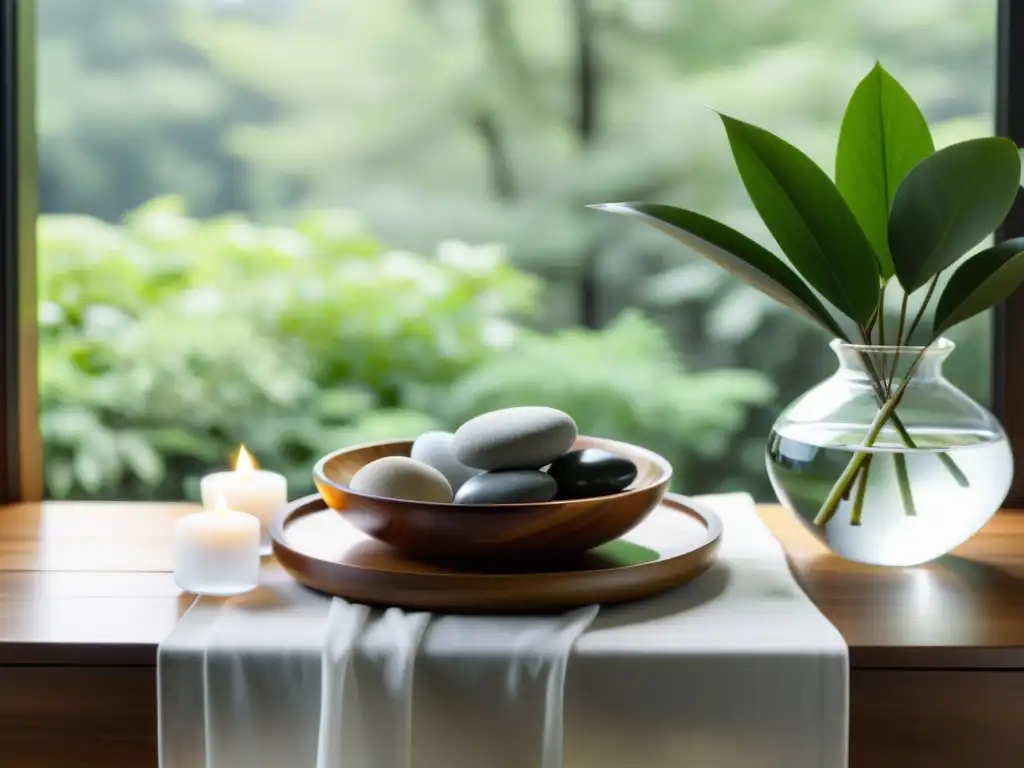 Un altar Feng Shui para limpieza energética, con elementos naturales y equilibrio sereno