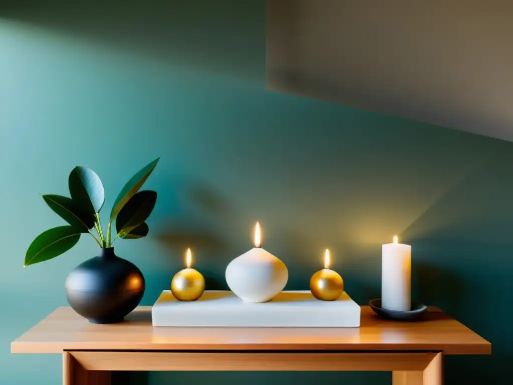 Un altar Feng Shui para limpieza energética, con armonía y serenidad en su composición minimalista y equilibrada