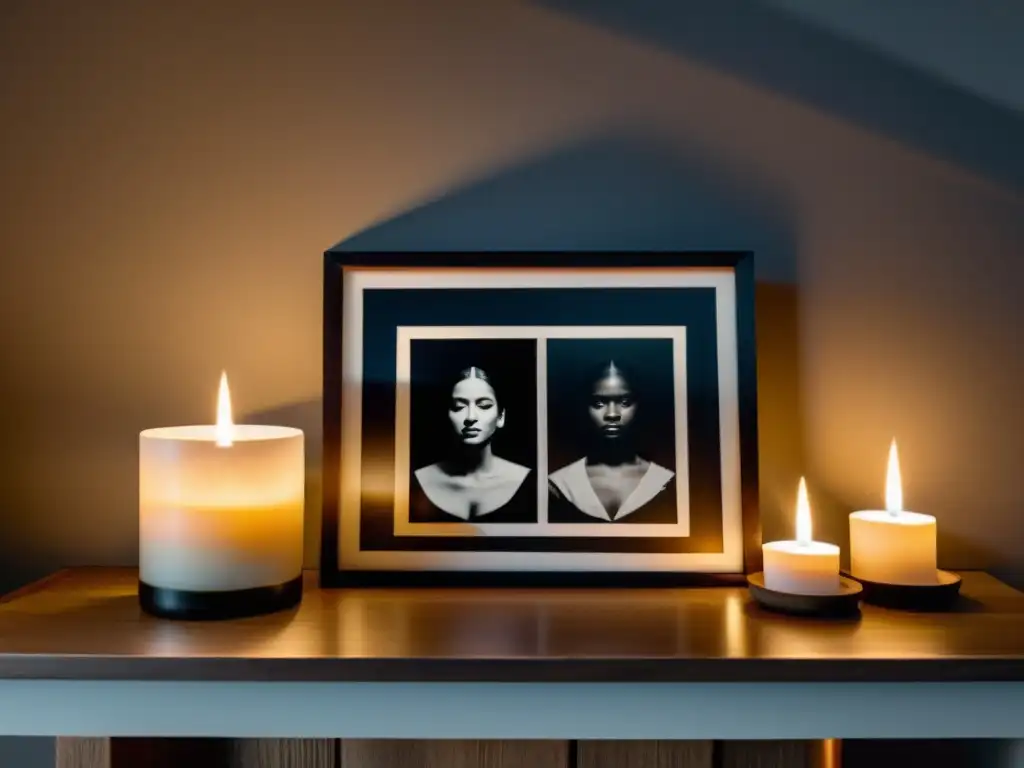 Un altar minimalista con fotografías en blanco y negro de ancestros, iluminado por velas