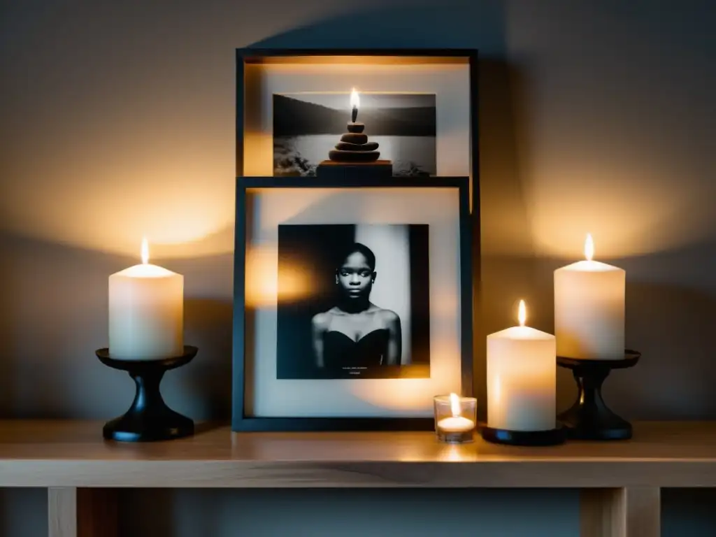 Un altar minimalista con suave luz de velas iluminando fotografías en blanco y negro de ancestros, creando una atmósfera reverente y tranquila