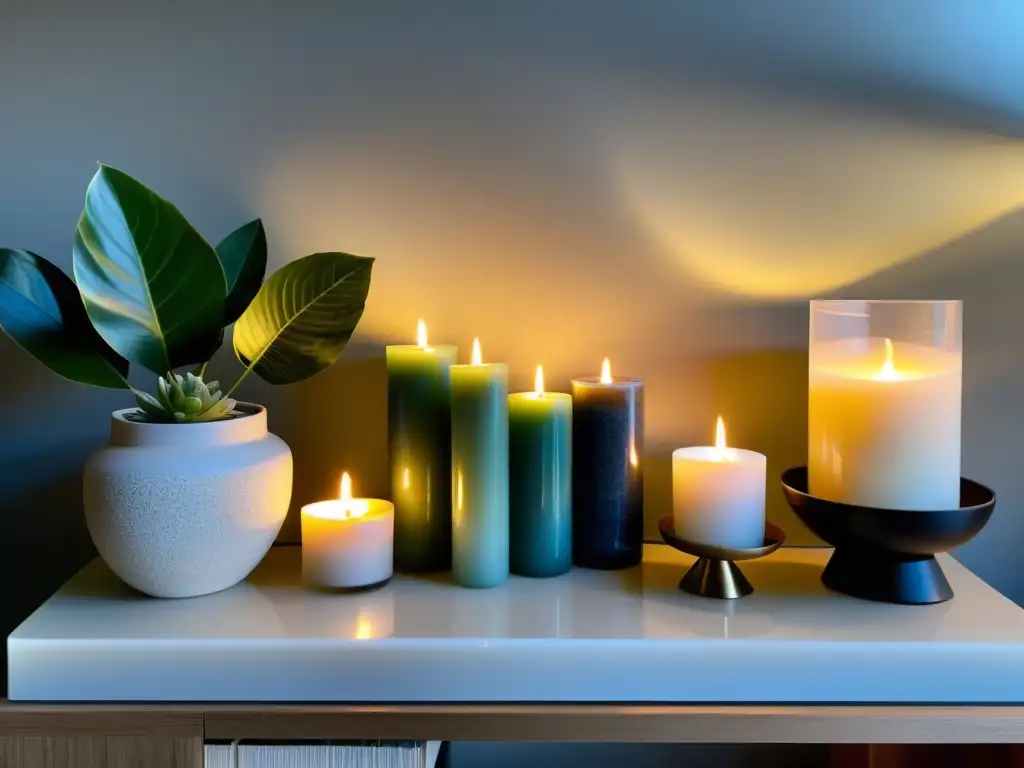 Altar personal Feng Shui con armonía y equilibrio, adornado con cristales, velas y plantas en un ambiente sereno y tranquilo