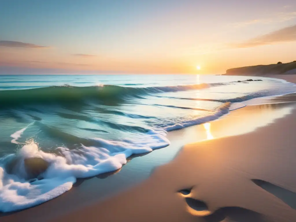 Un amanecer sereno en la playa, con suaves colores pastel iluminando el cielo y creando una atmósfera de meditación