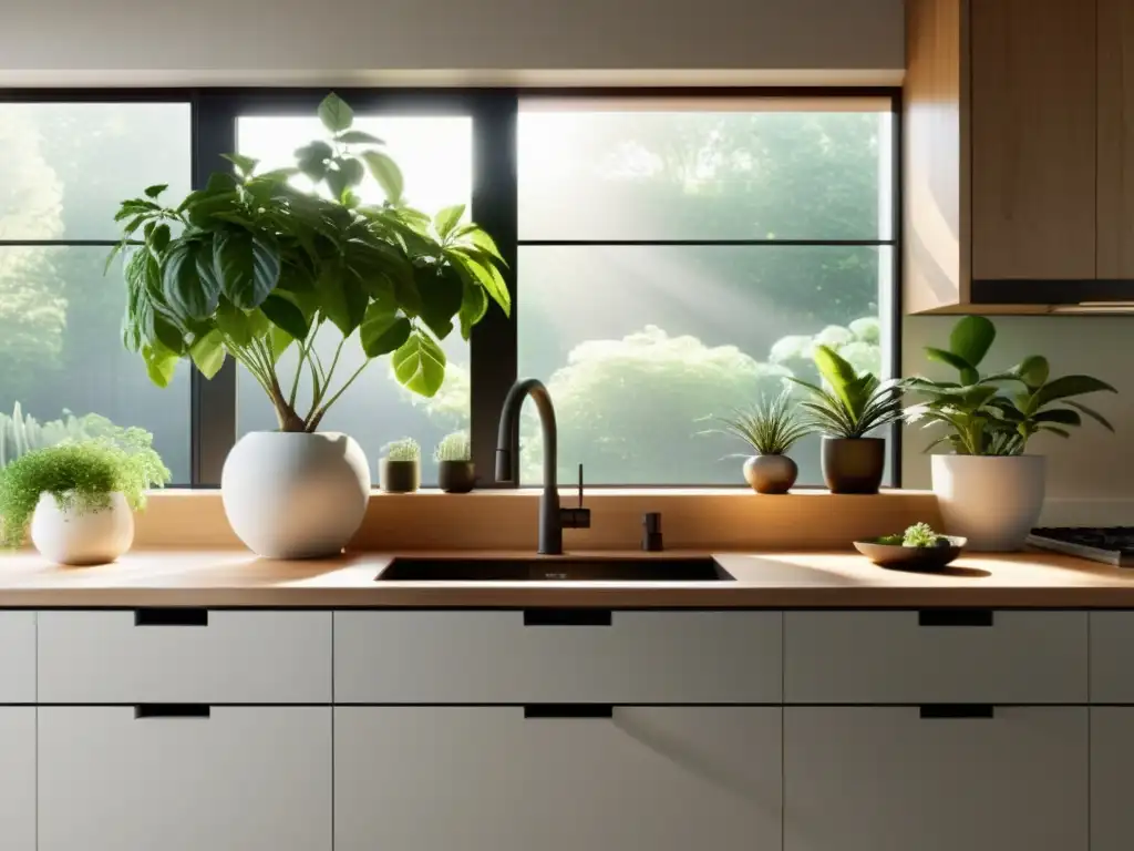 Un ambiente de cocina minimalista con encimeras blancas impecables, gabinetes de madera clara y toque de verdor de una planta en el alféizar