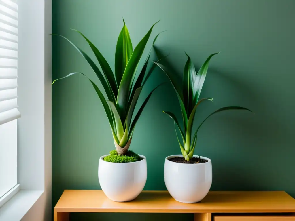 Un ambiente minimalista con una planta de serpiente en un elegante jarrón blanco, irradiando armonía y equilibrio Feng Shui