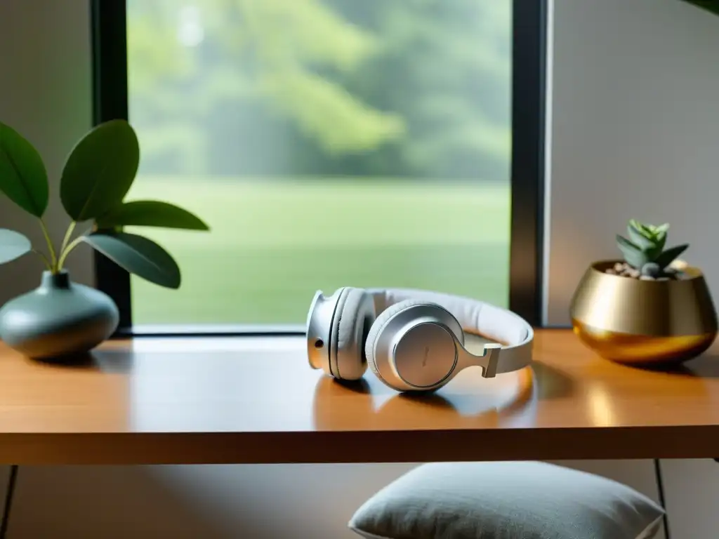 Un ambiente sereno con auriculares de diseño Feng Shui en un hogar minimalista y equilibrado