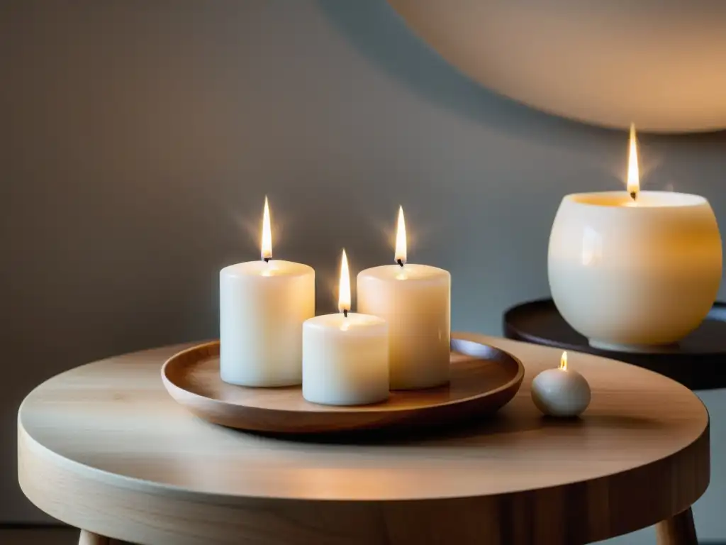 Un ambiente sereno y equilibrado con velas blancas en una mesa de madera, iluminando el espacio con una cálida luz