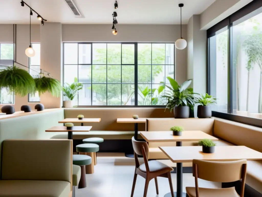 Un ambiente sereno y minimalista en un café con luz natural, mesas de madera y sillas modernas