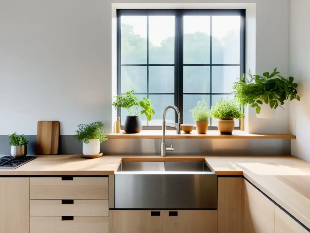 Un ambiente sereno y minimalista en una cocina con Feng Shui, con paredes blancas, muebles de madera clara y luz natural