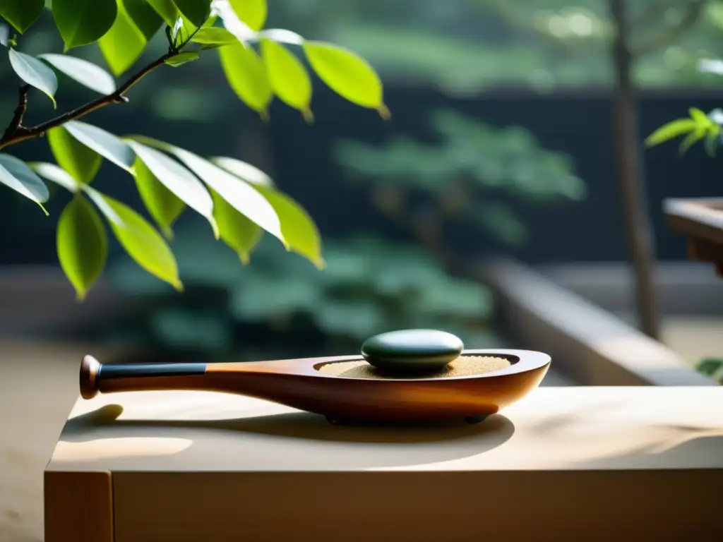 Un ambiente sereno y minimalista con un guqin chino en un soporte de madera, rodeado de un jardín Zen