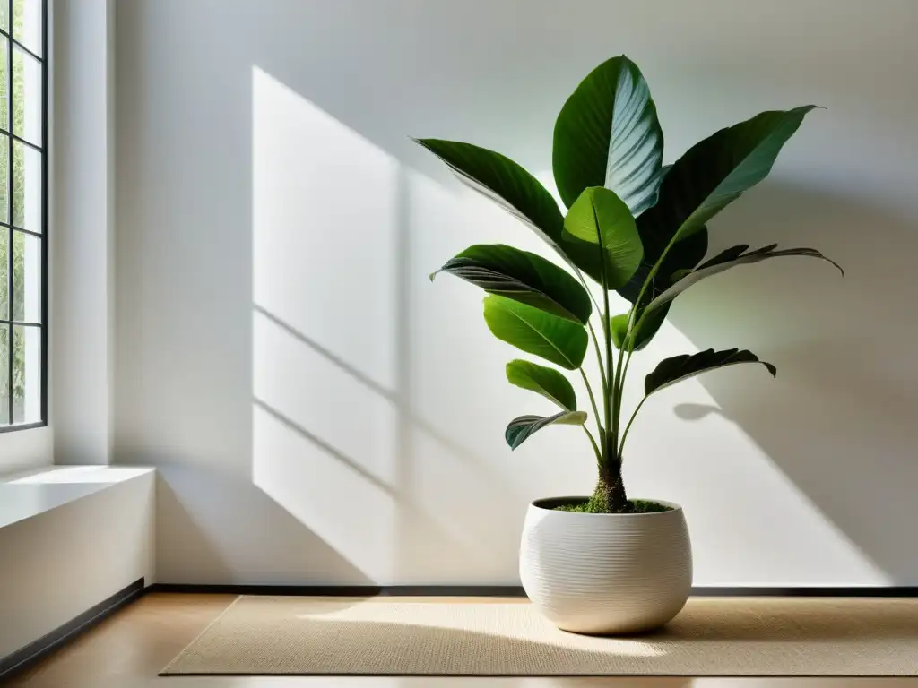 'Un ambiente sereno y minimalista con una planta exuberante en maceta elegante, generando equilibrio Feng Shui'