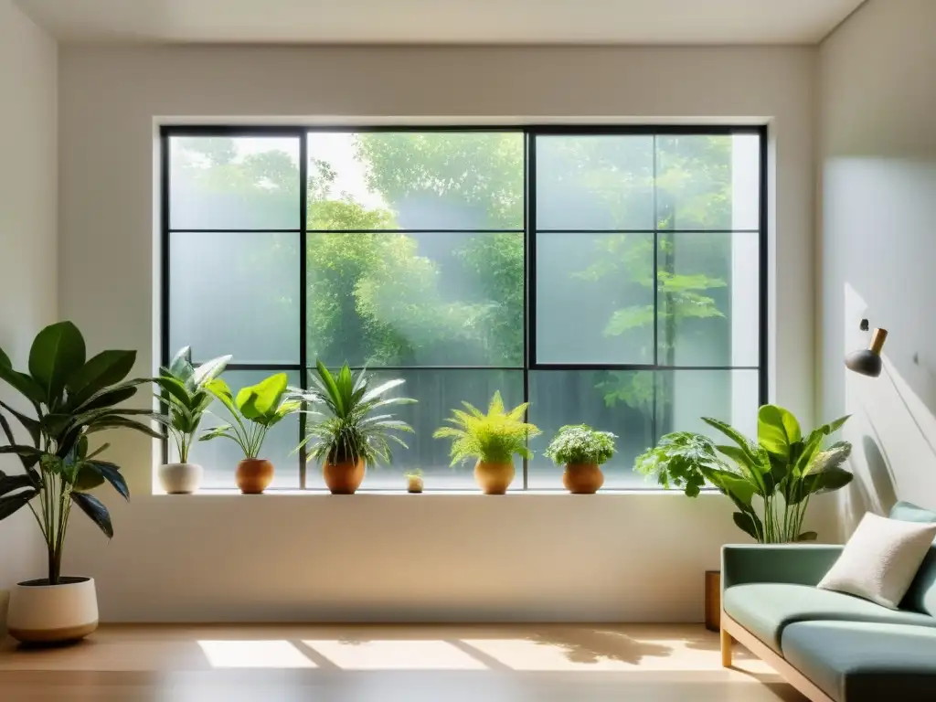 Un ambiente sereno con ventanas y Feng Shui para armonizar, iluminado por la cálida luz del sol y rodeado de plantas verdes