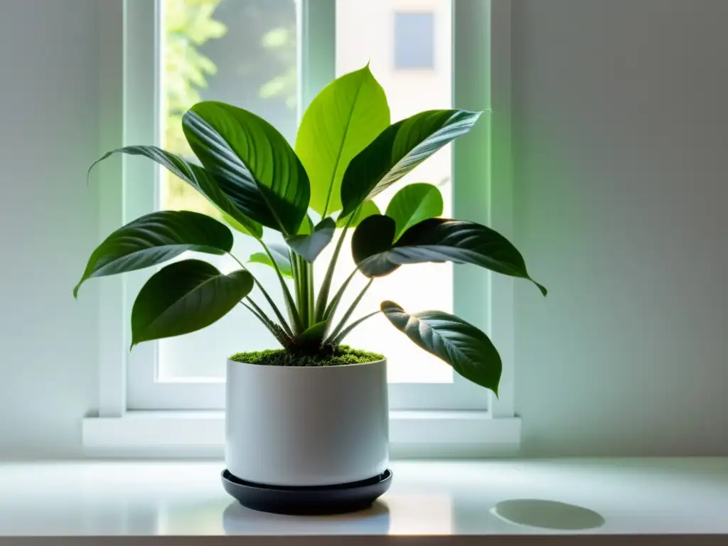 Planta verde exuberante en ambiente tranquilo Un ambiente tranquilo con una planta de Feng Shui en un elegante entorno minimalista