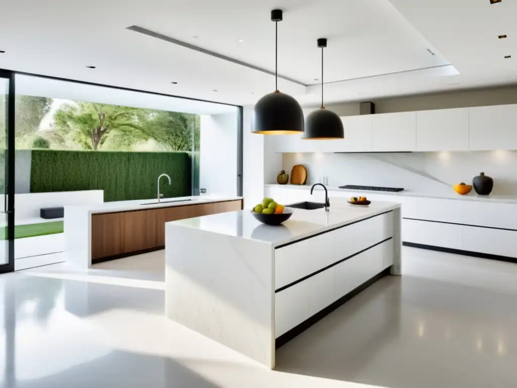 Amplia cocina blanca con diseño minimalista, isla de mármol, luz natural y armonización Feng Shui