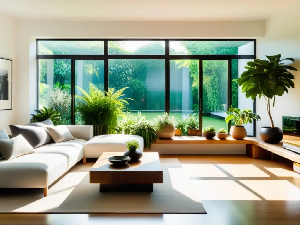 Amplia sala iluminada por el sol con plantas para equilibrio Feng Shui, creando armonía y serenidad en un diseño moderno y minimalista