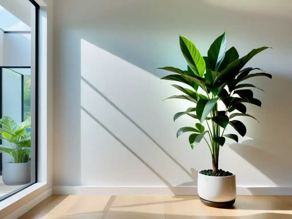 Amplia sala minimalista con plantas de temporada, inspiración en Feng Shui para una decoración armoniosa y equilibrada