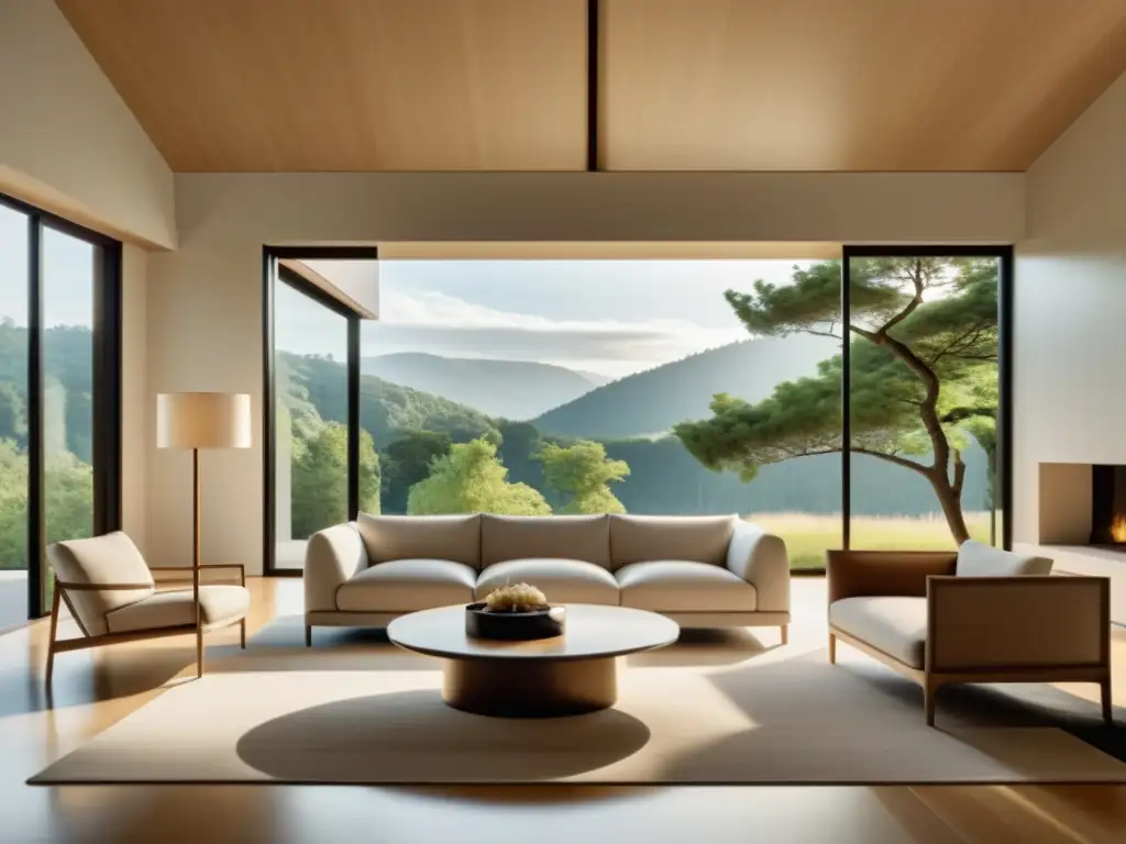 Amplia sala minimalista con vista a la naturaleza, efectos de vigas y columnas feng shui