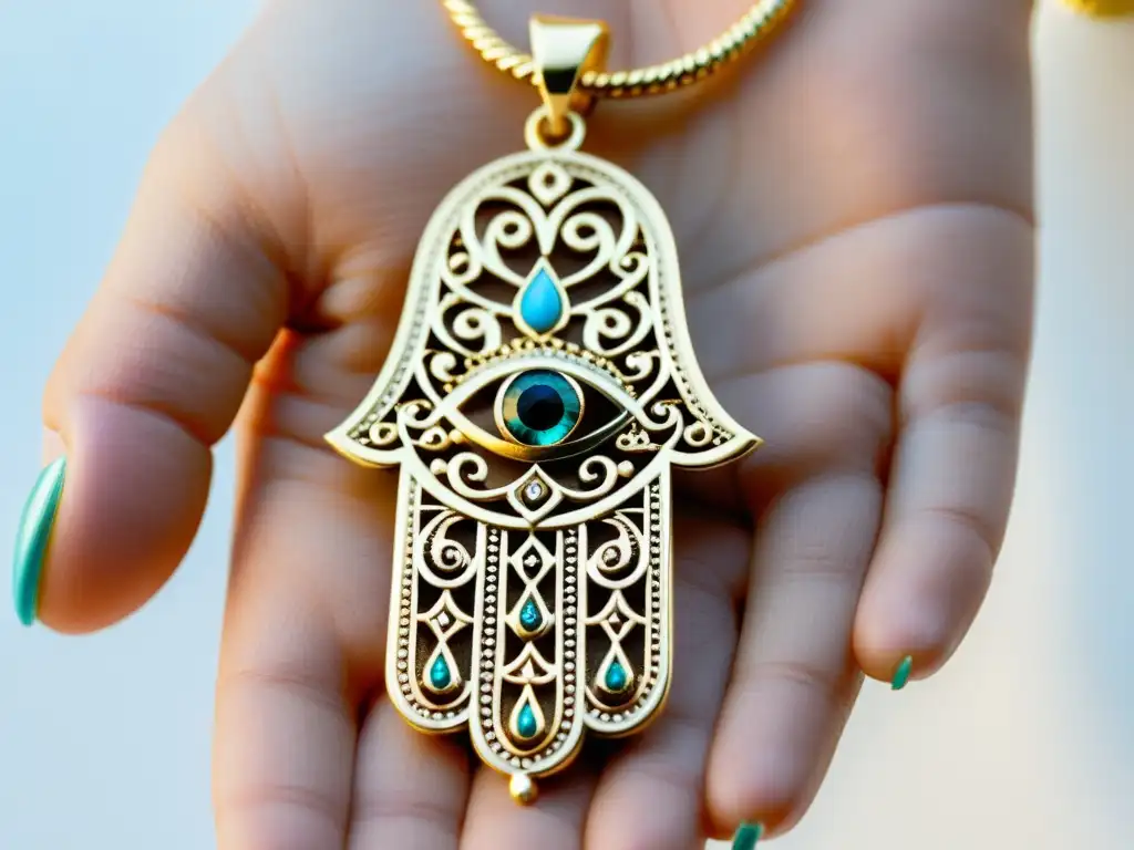 Un amuleto de buena suerte en decoración: Hamsa con filigranas, ojo turquesa y detalles brillantes, sobre fondo blanco