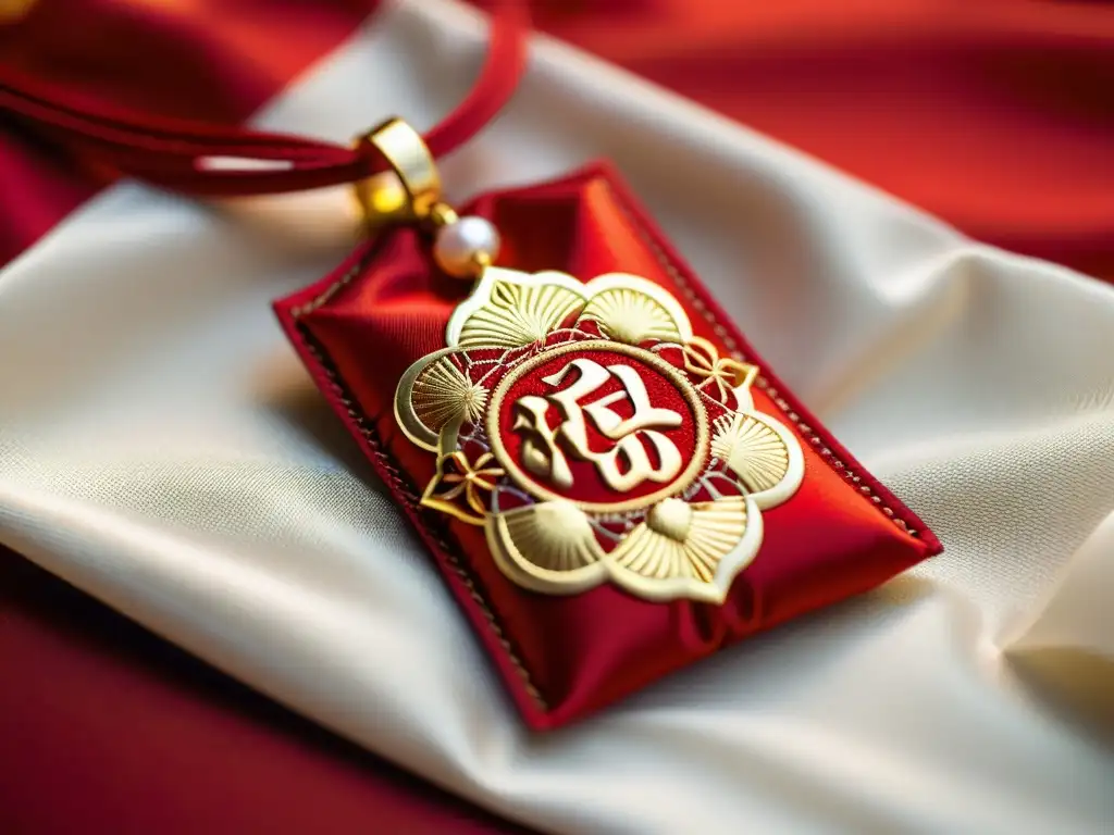 Un amuleto japonés omamori de seda roja con bordados dorados, iluminado con elegancia