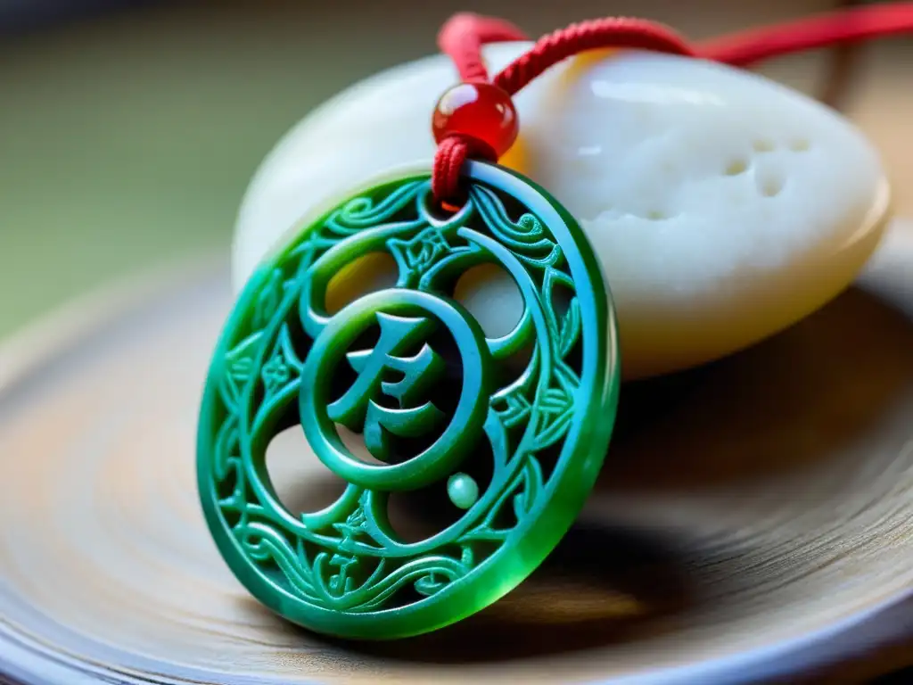 Amuleto Feng Shui de jade, símbolos de protección, armonía y prosperidad, con detalles finamente tallados