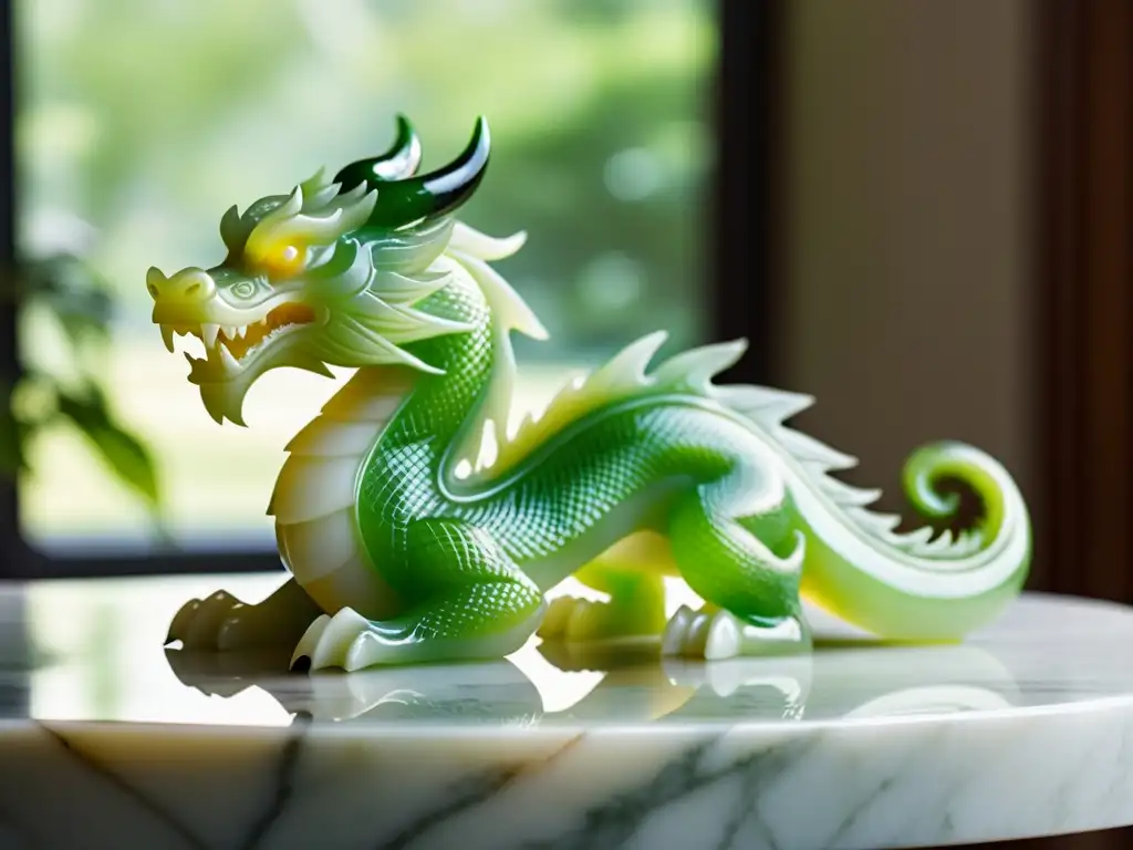 Amuletos de Feng Shui para hogar: Majestuosa figura de dragón de jade reposando sobre una mesa de mármol blanco, iluminada por suave luz natural