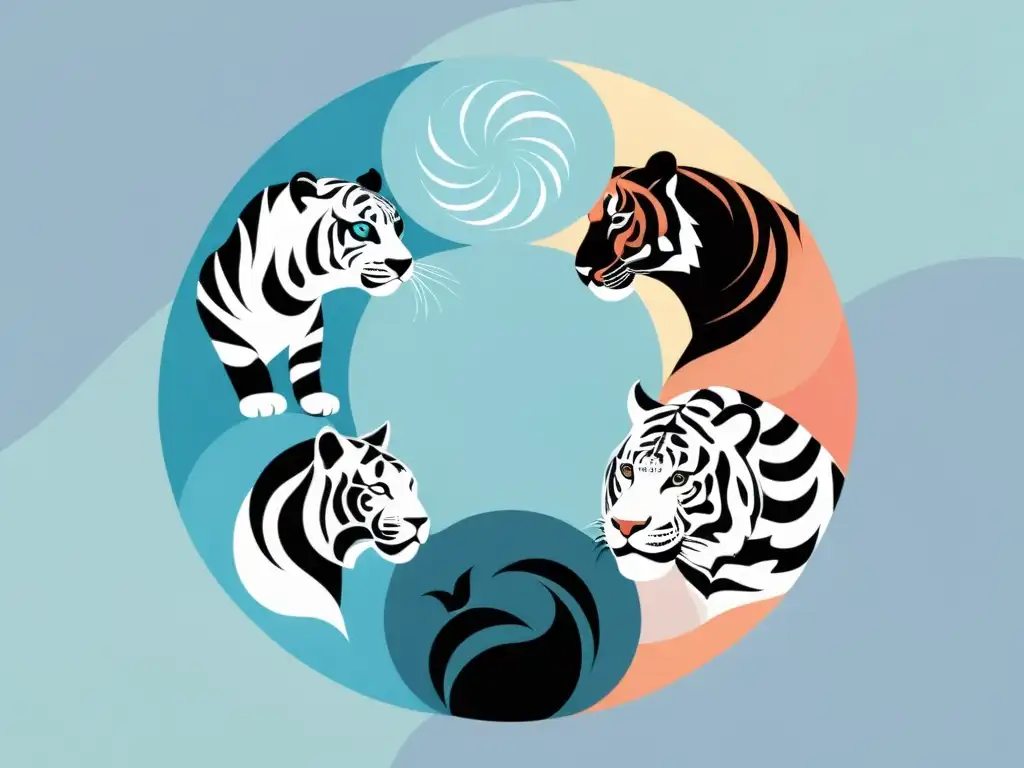 Cuatro Animales Celestiales en Feng Shui, una ilustración minimalista con el Dragón Azul, el Tigre Blanco, la Tortuga Negra y el Pájaro Carmesí en una disposición circular, rodeados de colores pastel, representando armonía y protección celestial