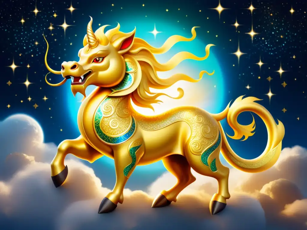 Dos animales celestiales en Feng Shui, un Qilin dorado y una serpiente majestuosa, en un reino celestial de paz y serenidad