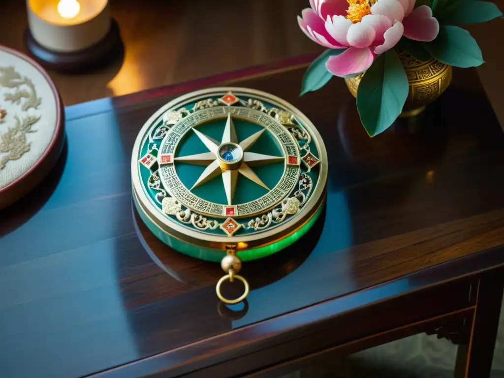 Un antiguo y decorado compás chino de jade y oro reposa sobre una mesa de madera pulida en una habitación tenue