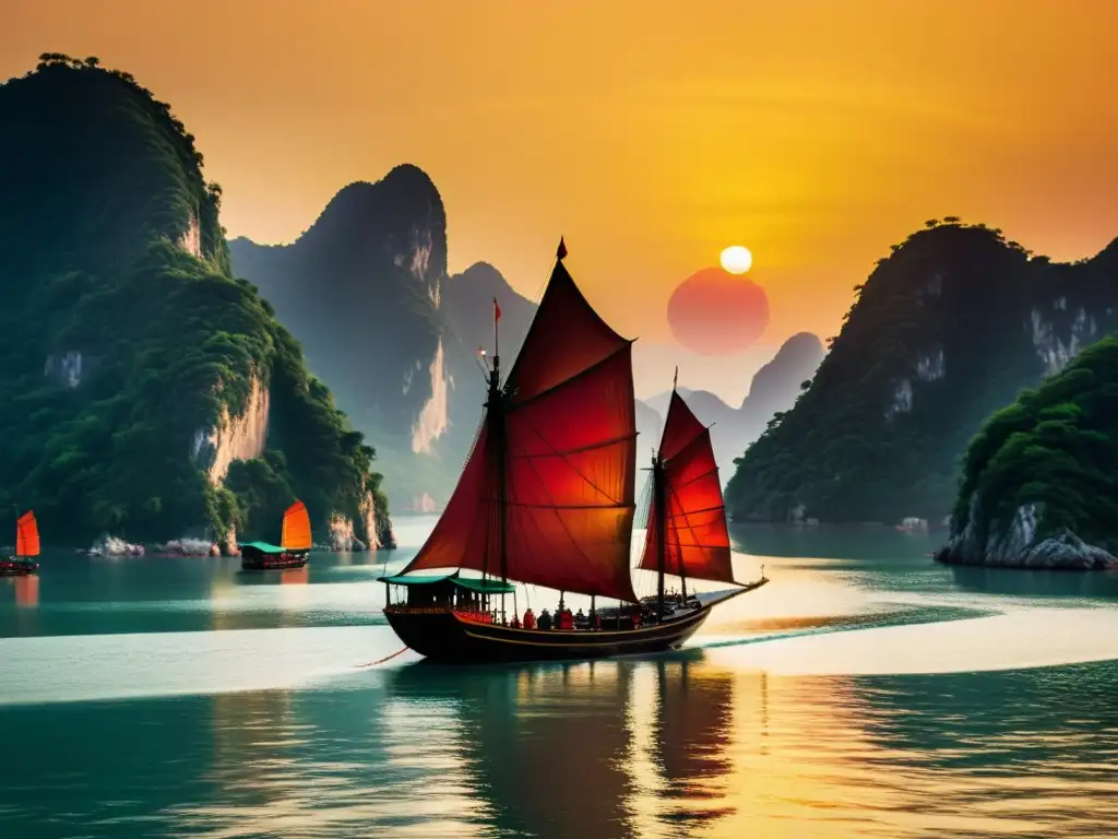 Barco chino tradicional navegando al atardecer Un antiguo junco chino navega serenamente bajo un atardecer dorado