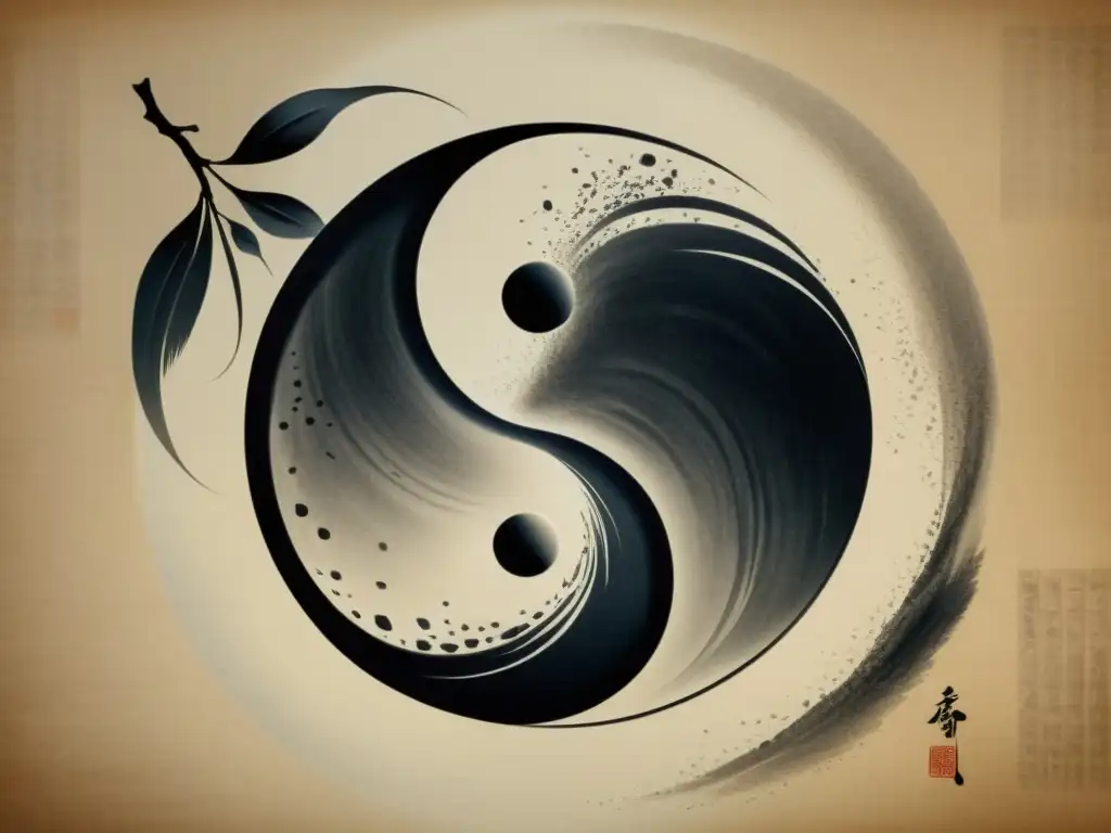 Antiguo pincel chino yin yang, muestra la sabiduría china y el equilibrio de fuerzas opuestas en una pintura de caligrafía