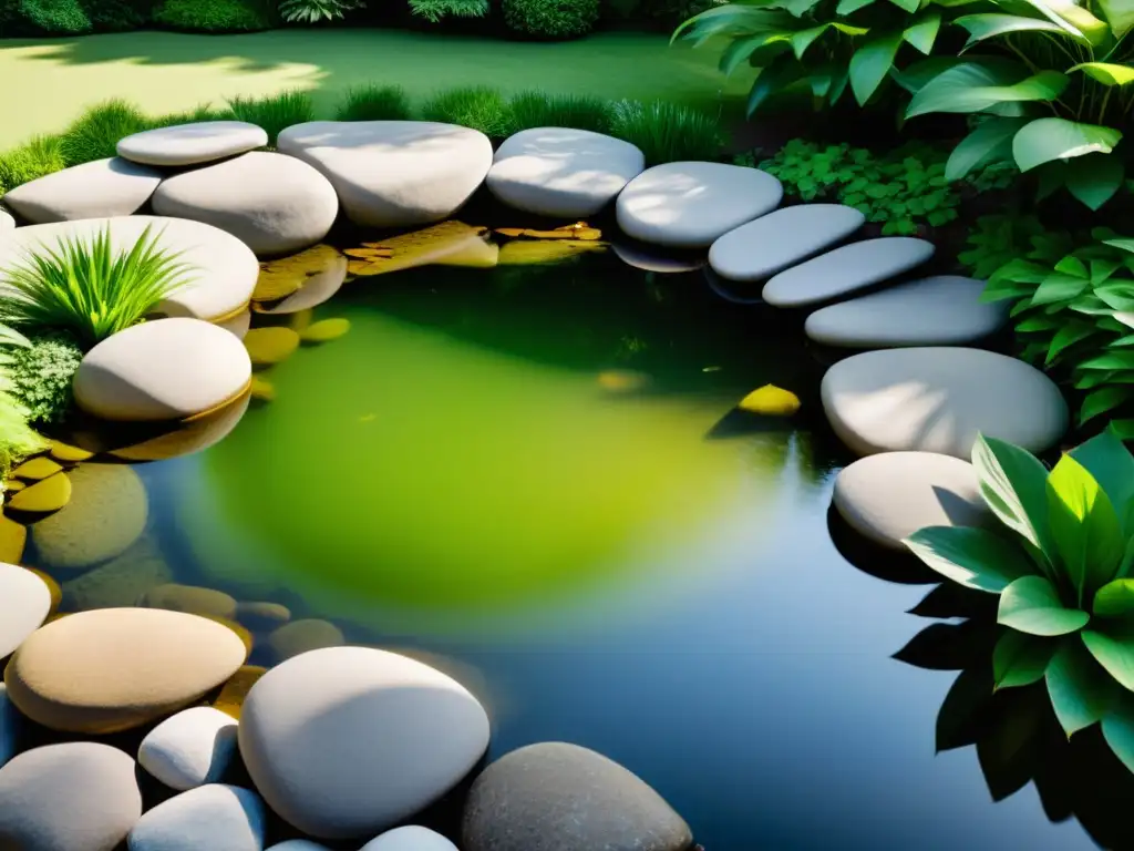 Un apacible estanque rodeado de exuberante vegetación, con un suave arroyo que fluye entre piedras lisas, reflejando la luz del sol