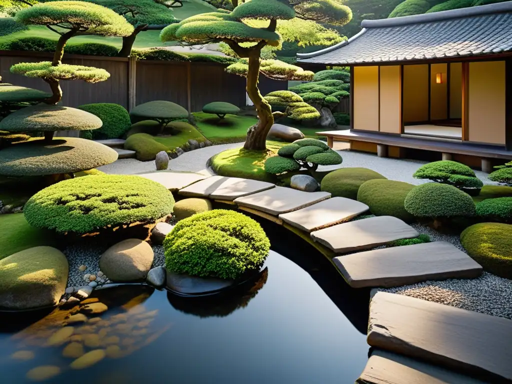 Fotografía de un apacible jardín japonés con bonsáis, arroyo y casa de té, transmitiendo armonía y serenidad al estilo Feng Shui en el hogar