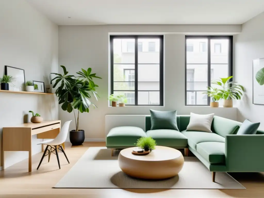 Un apartamento estudio sereno de diseño Feng Shui para espacios pequeños con una decoración equilibrada y armoniosa